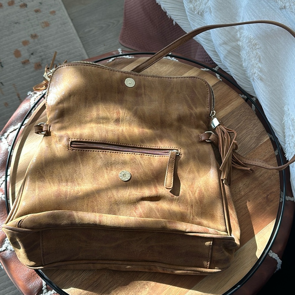 OKPTA brown leather zip fold over shoulder bag
